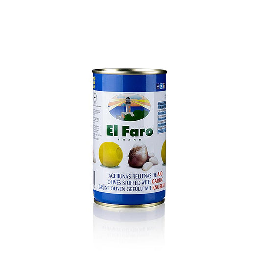 Grønne oliven, uden sten, med hvidløgspasta, i lage, El Faro, 350 g
