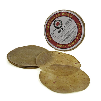 Pappadums, krydret med røde chilier, ca. ø 15 cm, 200 g, 12 stk