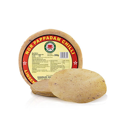 Pappadums, krydret med røde chilier, ca. ø 15 cm, 200 g, 12 stk