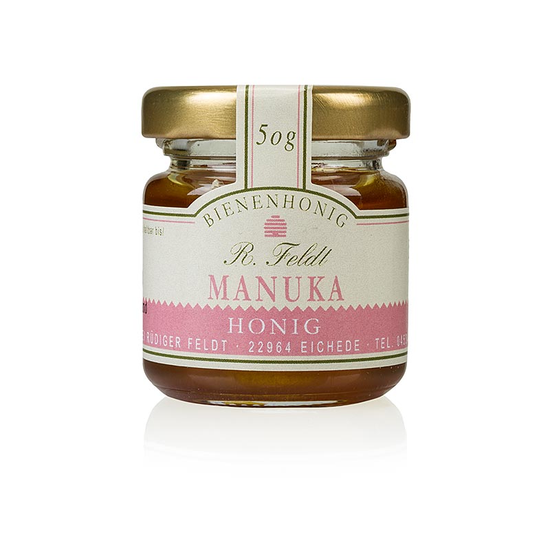 Manuka-honning (tea tree), mørk, flydende, kraftig, portionsglas, 50 g