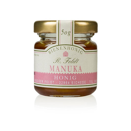 Manuka-honning (tea tree), mørk, flydende, kraftig, portionsglas, 50 g