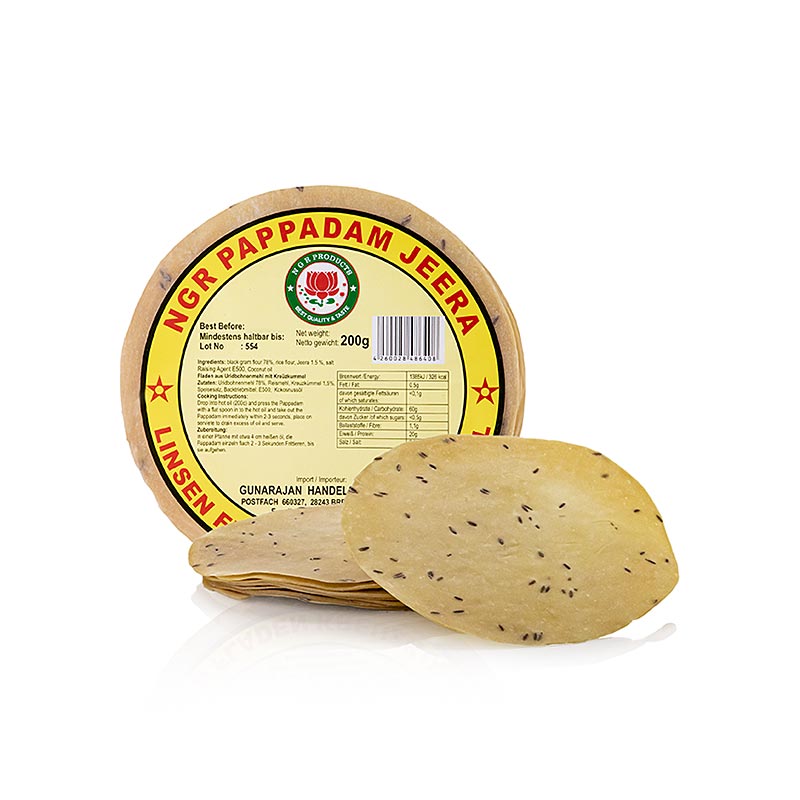 Pappadums, krydret med spidskommen, ca. ø 15 cm, 200 g, 15 stk
