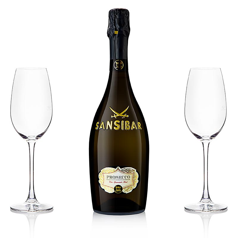 Sansibar's Best San Simone Prosecco Brut 0,75 l + 2 Riedel champagneglas, 3 stk.