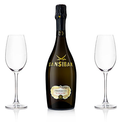 Sansibar's Best San Simone Prosecco Brut 0,75 l + 2 Riedel champagneglas, 3 stk.