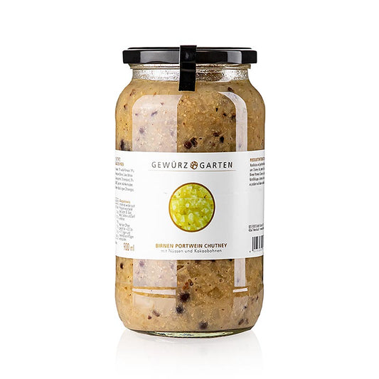 Gewürzgarten Pære-portvin-chutney, med nødder, ingefær og kakaobønner, 900 ml