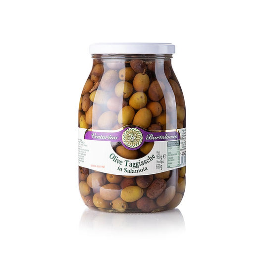 Olivenblanding, grønne og sorte Taggiasca-oliven, med sten, i lage, Venturino, 950 g