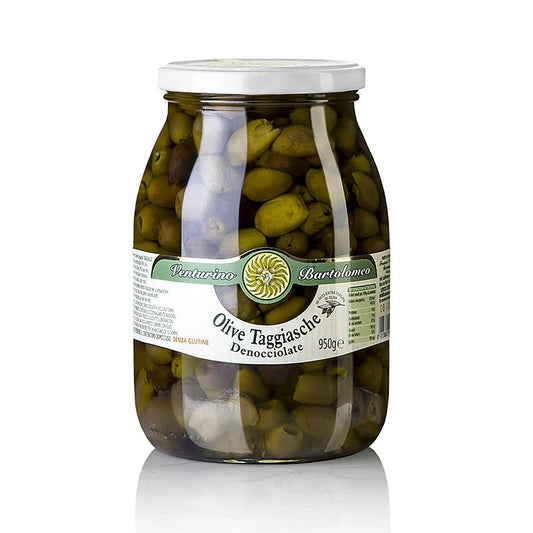 Olivenblanding, grønne og sorte Taggiasca-oliven, uden sten, i olie, Venturino, 950 g