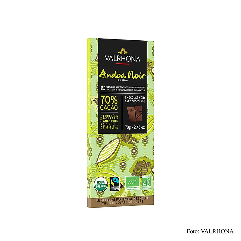 Valrhona Andoa Noire, mørk couverture, plade, 70 % kakao, økologisk, 70 g