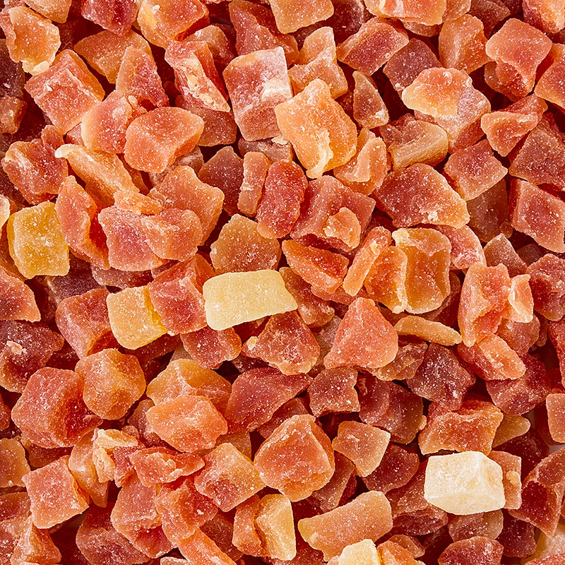 Papaya-terninger, 10 mm, tørrede, sukkerglaserede, usvovlede, 1 kg