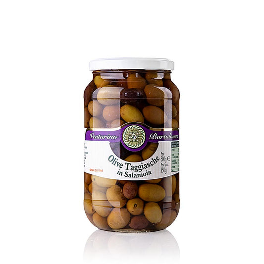 Olivenblanding, grønne og sorte Taggiasca-oliven, med sten, i lage, Venturino, 500 g