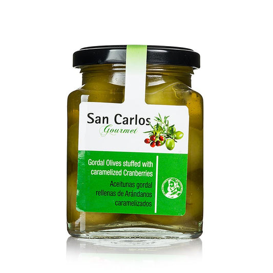 Grønne oliven, uden kerne, Gordal, med karamelliserede tranebær, San Carlos, 300 g