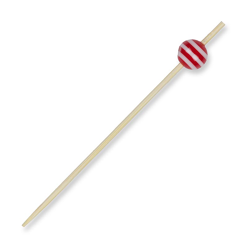 Træspyd, med "krystalkugle" rød/hvid stribet, 9 cm, 100 stk