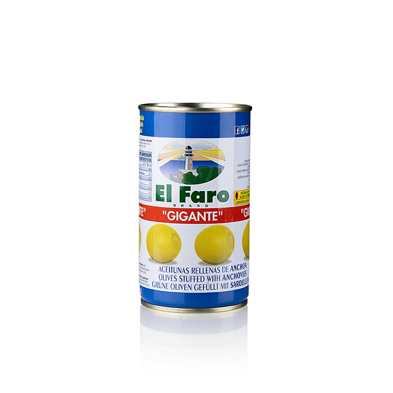 Grønne oliven, uden sten, med ansjoser (sardeller) GIGANTE, El Faro, 350 g