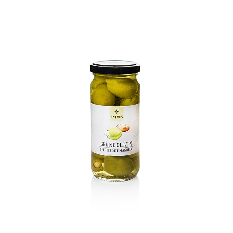 Grønne oliven, uden sten, med mandler, ANEMOS, 227 g