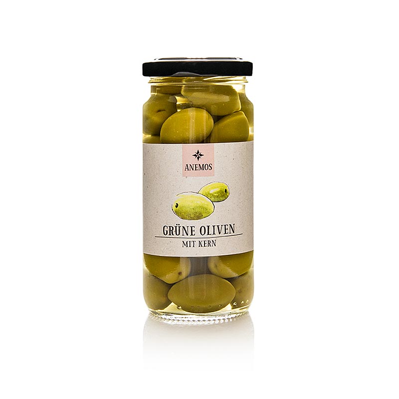Grønne oliven, med sten, i lage, ANEMOS, 227 g
