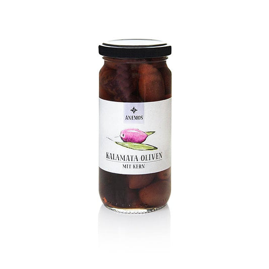Sorte oliven, med sten, Kalamata-oliven, i lage, ANEMOS, 227 g