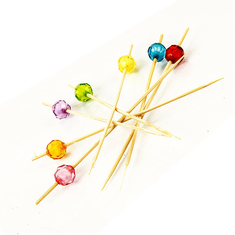 Bambuspinde, "Pearl", 12 cm, med farvede, klare, runde perler, 40 stk