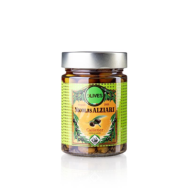 Olivenblanding, grønne & sorte Cailletier, med sten, syltede, Alziari, 220 g