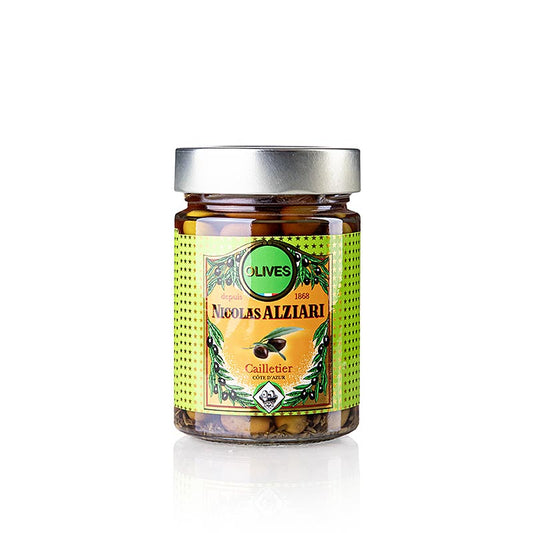 Olivenblanding, grønne & sorte Cailletier, med sten, syltede, Alziari, 220 g