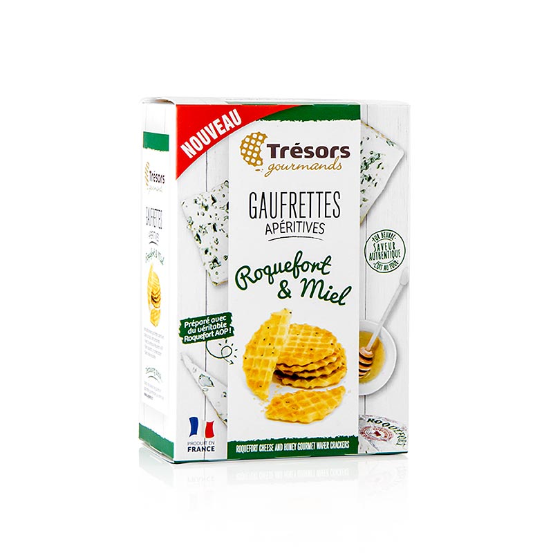 Barsnack Trésors - Gaufrettes, franske mini-vafler med Roquefort-ost & honning, 60 g