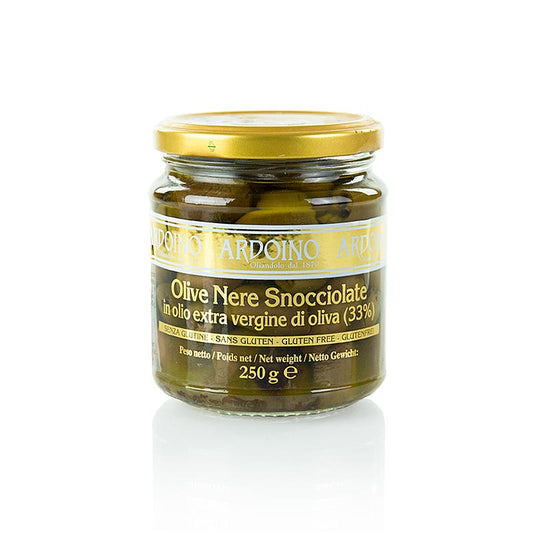 Sorte oliven, uden sten (Snocciolate), i olivenolie, Ardoino, 250 g