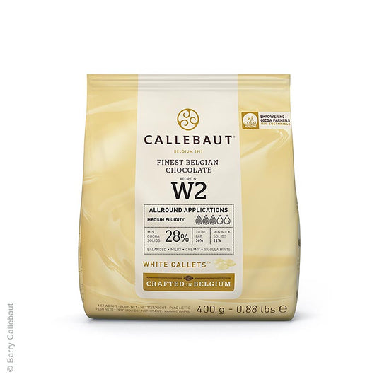 Hvid chokolade, callets, 28 % kakaosmør, 23 % mælk, 400 g