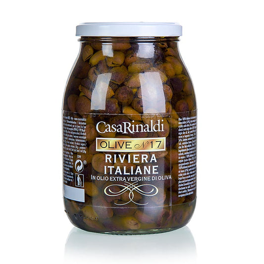 Sorte oliven, uden sten (Snocciolate), i olivenolie, Casa Rinaldi, 900 g
