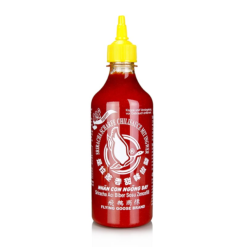 Chilisauce – Sriracha, stærk, med ingefær, klemflaske, Flying Goose, 455 ml