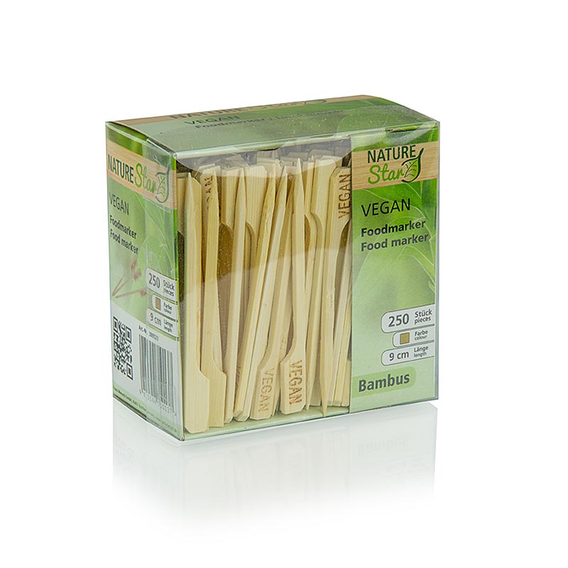 Bambusspyd, med bladende, med påskriften "Vegan", 9 cm, 250 stk