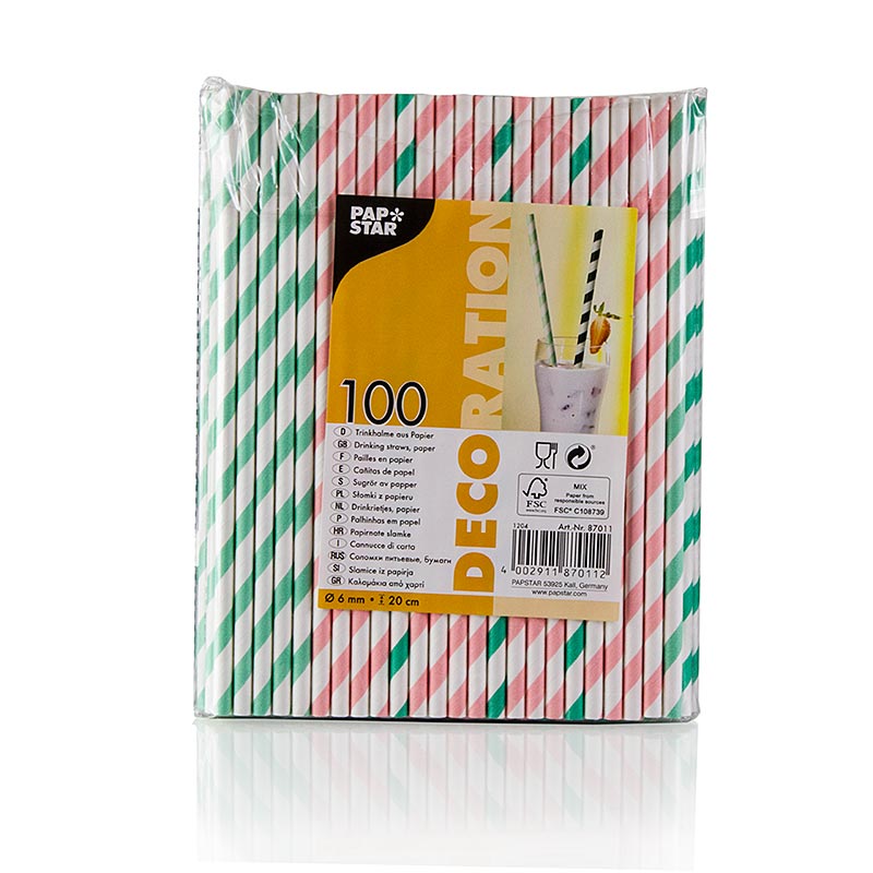 Engangs papirsugerør "Streifen", 4 farver, 20 cm, 100 stk