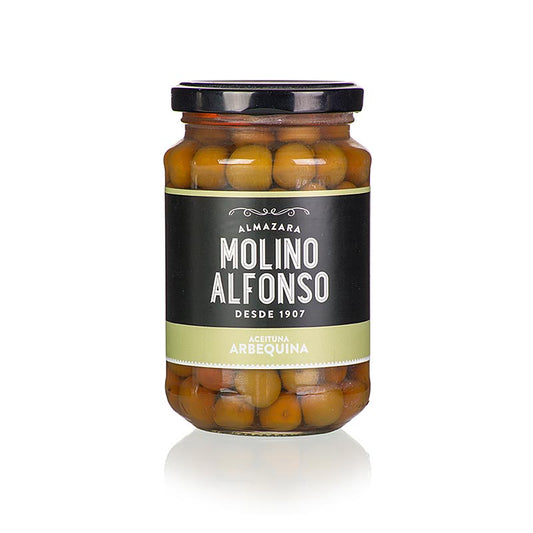 Grønne oliven, med sten, Arbequina, i lage, Molino Alfonso, 355 g