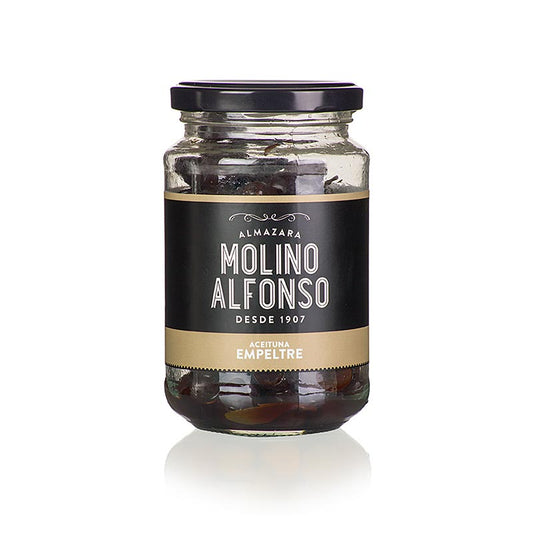Sorte oliven, med sten, Empeltre, naturlige, Molino Alfonso, 200 g