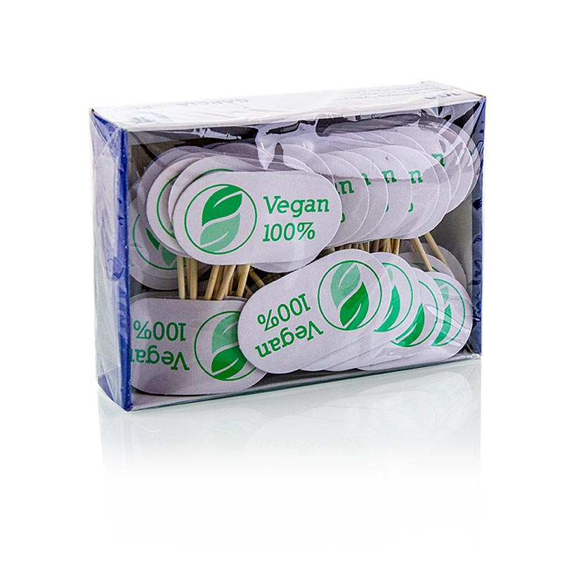 Træspyd, med skilt, med påskriften "Vegan", 8 cm, 100 stk