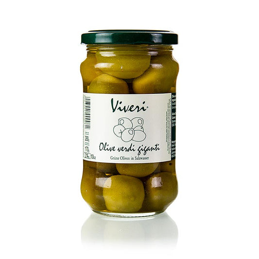 Grønne oliven, med sten, Gigante, i lage, Viveri, 290 g