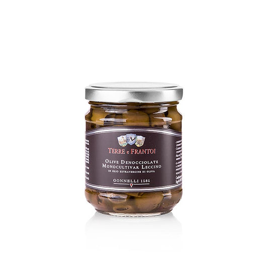 Sorte oliven, uden sten (Denocciolate), i olivenolie, Terre e Frantoi Gonnelli, 180 g