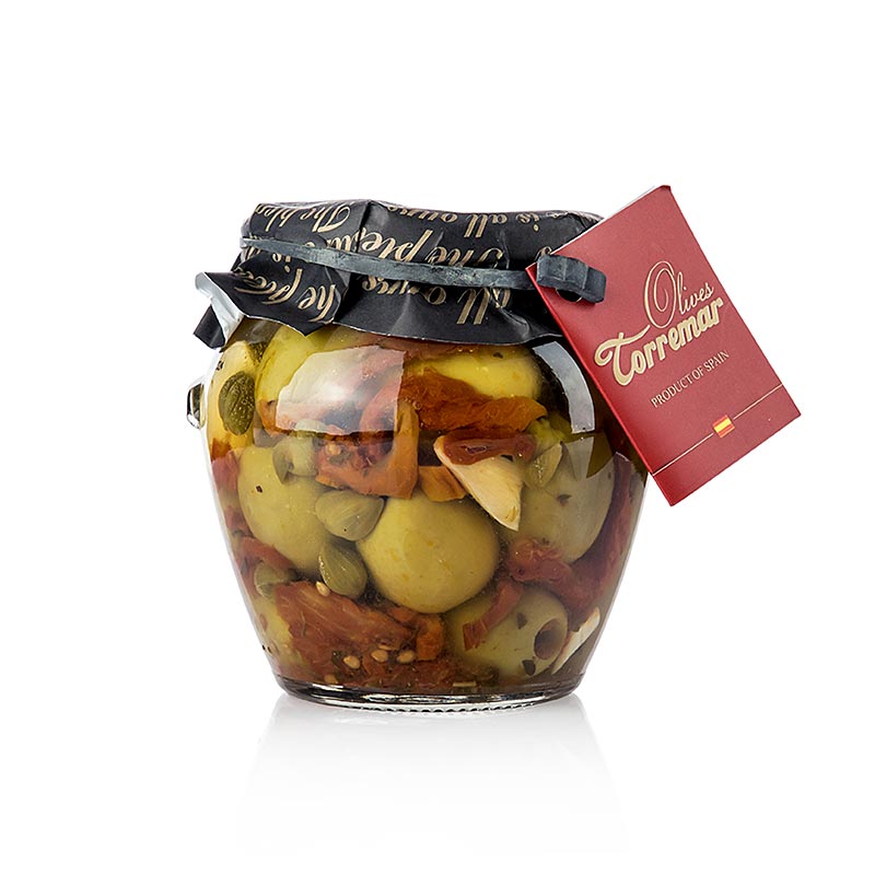 Grønne oliven, uden sten, Gordal, med tomat/kapers, Torremar S.L., 580 g