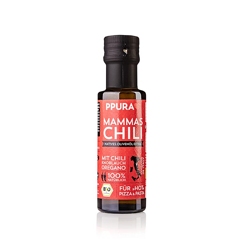 Ekstra jomfruolivenolie, Ppura Mammas Chili, hvidløg & oregano, økologisk, 100 m