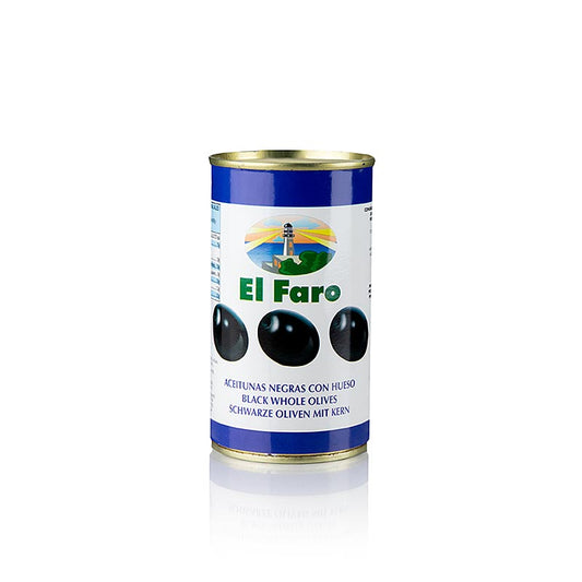 Sorte oliven, med sten, sorte, i lage, El Faro, 350 g
