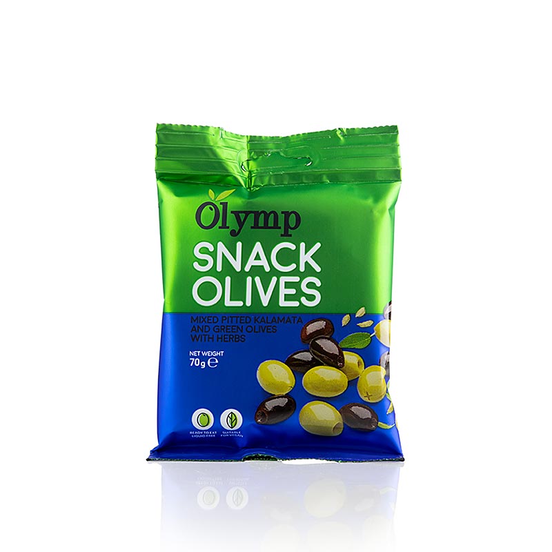Snackoliven, Kalamata & grønne oliven, uden sten, med urter, 70 g
