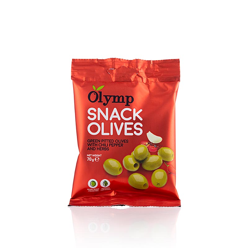 Snackoliven, grønne oliven, uden sten, med chili og urter, 70 g