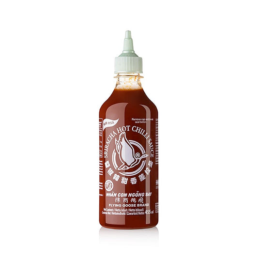 Chilisauce – Sriracha uden MSG, stærk, squeezeflaske, Flying Goose, 455 g