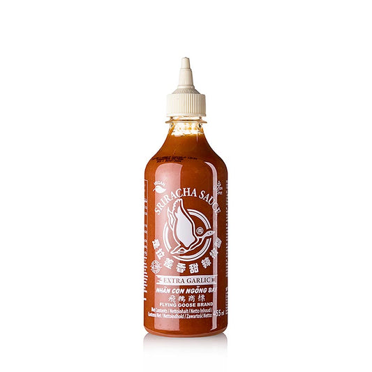 Chilisauce – Sriracha uden MSG, stærk, med hvidløg, klemflaske, Flying Goose, 455 ml