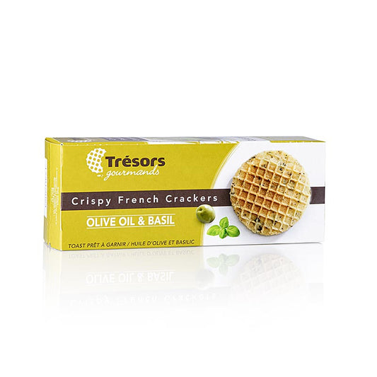 Barsnack Tresors – sprøde franske mini-vafler med olivenolie og basilikum, 95 g