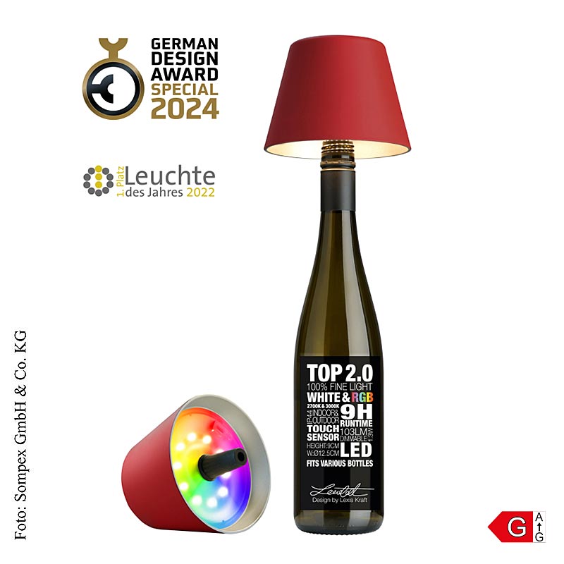 Bordlampe "TOP 2.0", til flasker, med batteri, 11x12,5 cm, kunststof, rød (72530
