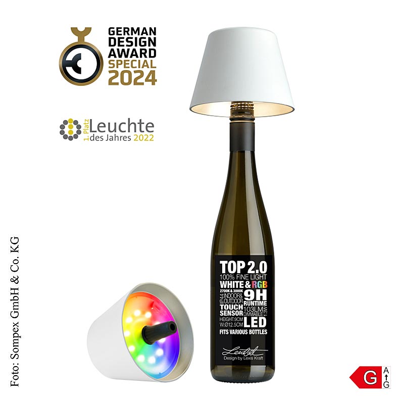 Bordlampe "TOP 2.0", til flasker, med batteri, 11x12,5 cm, kunststof, hvid (7252
