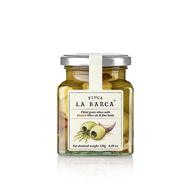 Grønne oliven, uden sten, med urter (Fine Herbs), Finca La Barca, 130 g