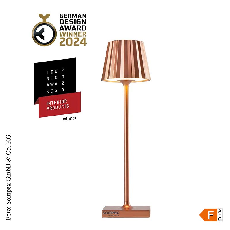Bordlampe "TROLL NANO Outdoor", med batteri, 21x6 cm, aluminium, kobber (78588), 1 St