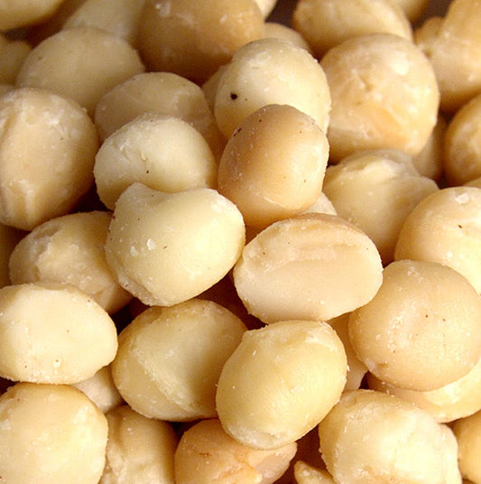 Macadamianødder, hele, ristede, med solsikkeolie, saltede, 1 kg