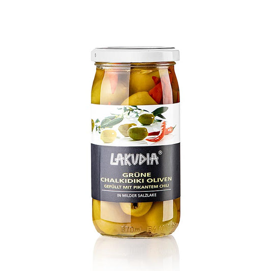 Grønne oliven "Chalkidiki", uden kerne, med chili, Lakudia, 355 g