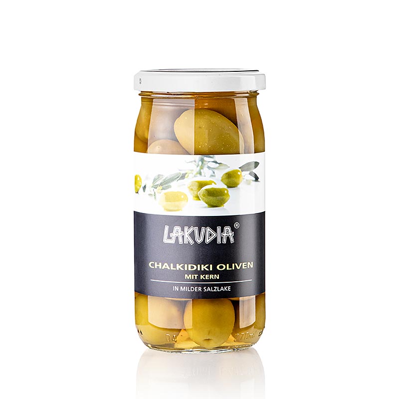 Grønne oliven "Chalkidiki", med sten, Lakudia, 355 g